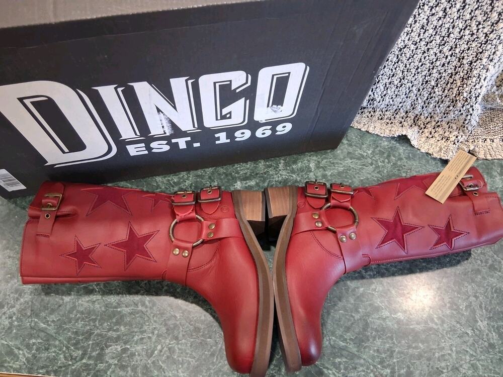 Dingo Blacklist Star Inlay Harness Boots Wine Leather Square Toe Womens 6 New